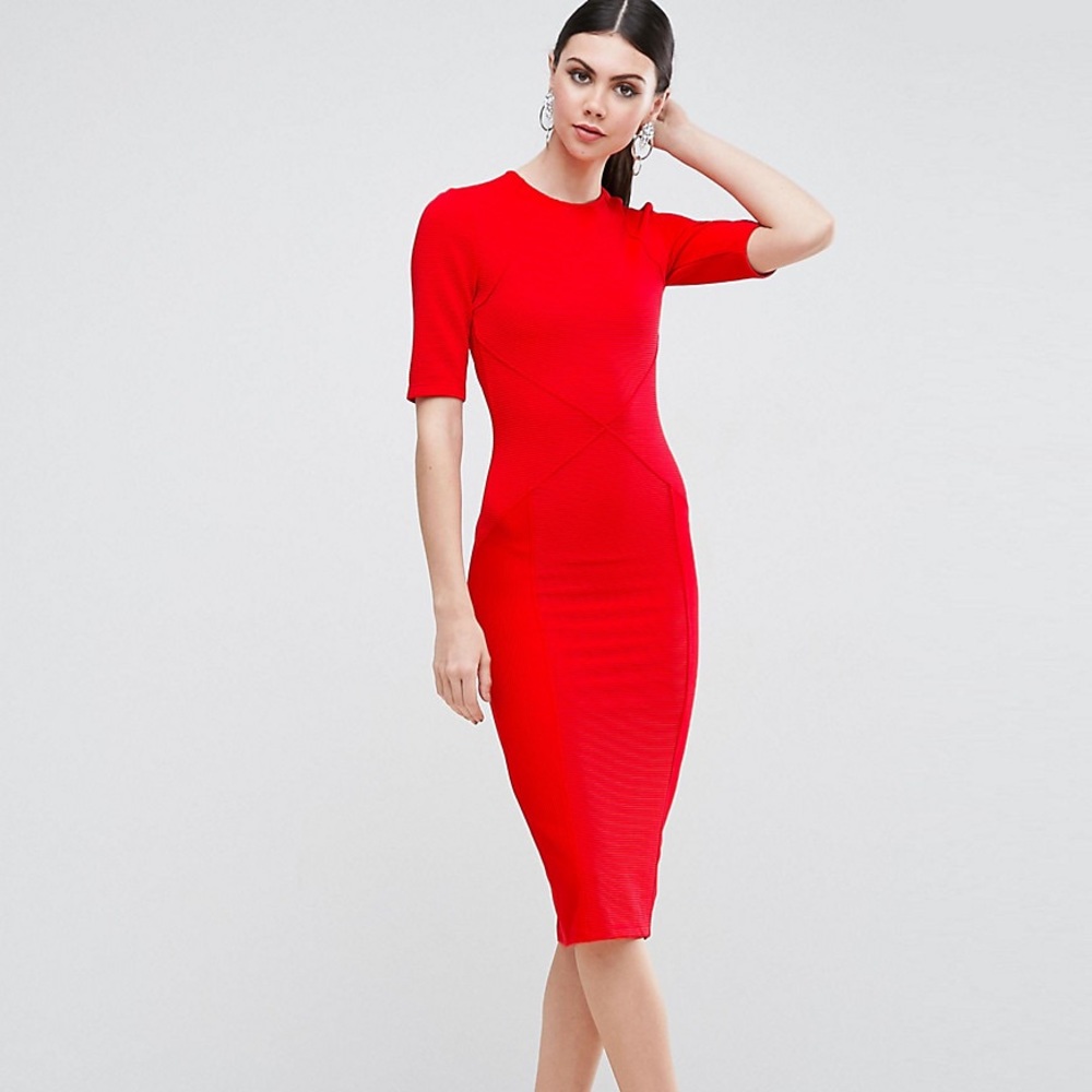 ASOS Red Seamed Structure Rib Bodycon Dress 6